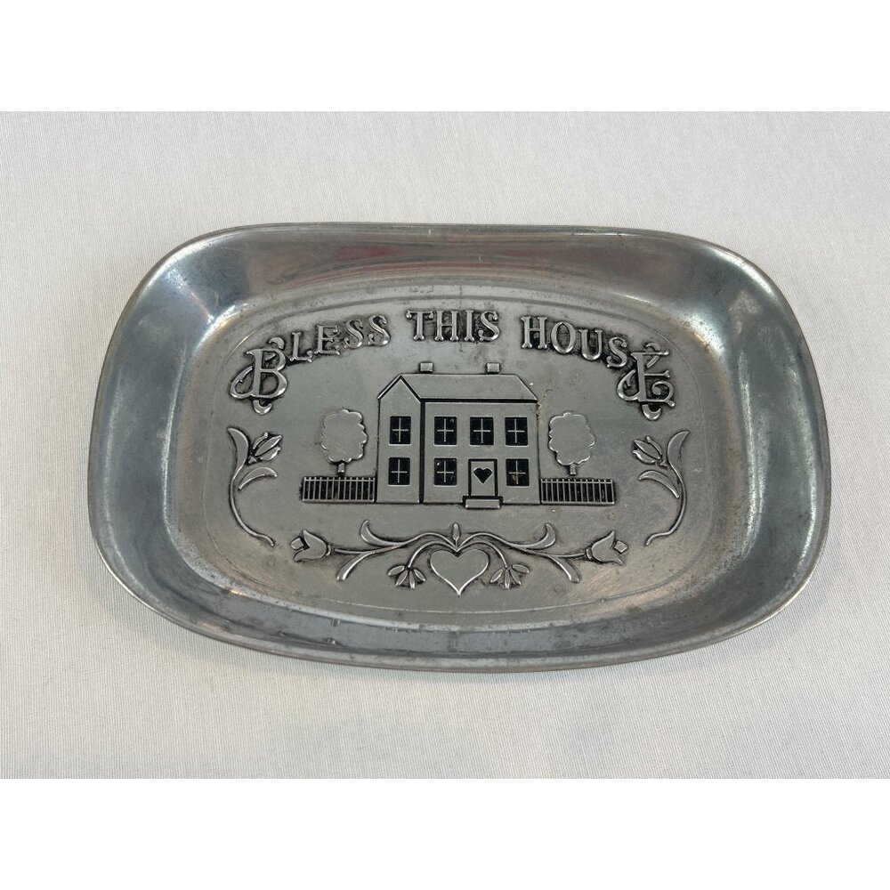 Bless This House Decorative RWP Pewter Tray 9x6.5 Heart House Design